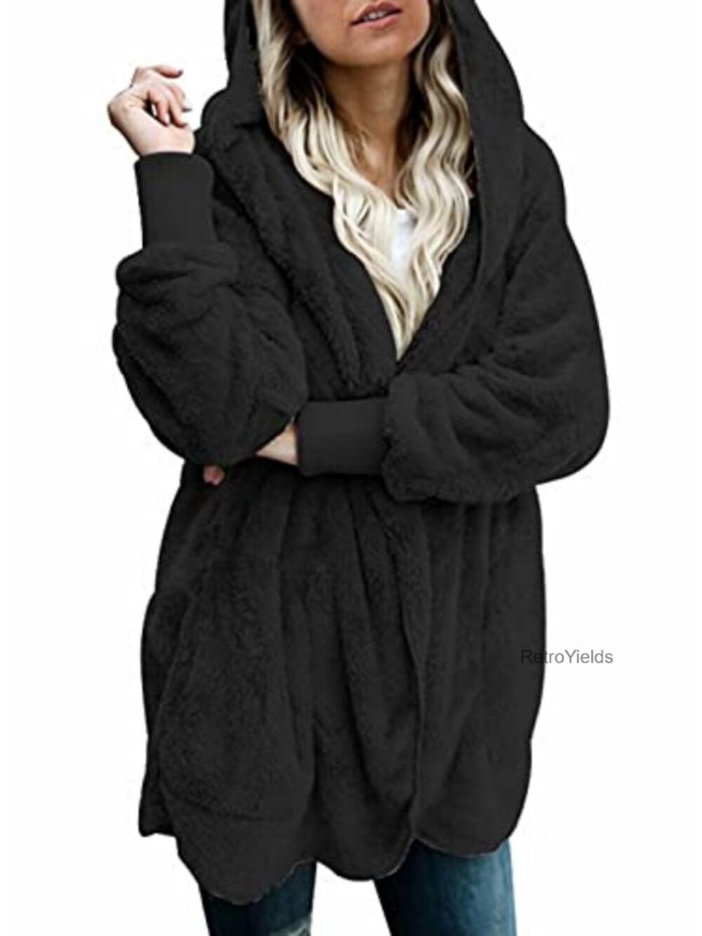 Fuzzy Fleece Open Front Hooded Cardigan Jacket with Pockets Oversized